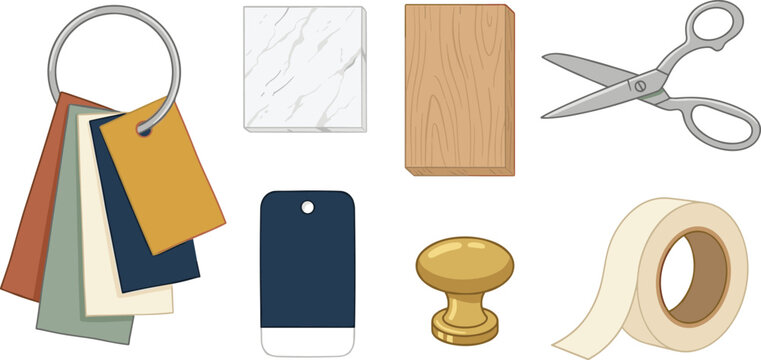 Interior Design Mood Board Material Vector Icon Set with Color Swatches Marble Tile Wood Sample Knob Scissors and Tape