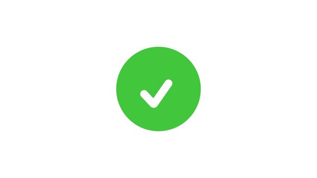 Animated white check mark icon in green circle. 4k video Isolated on a black background.