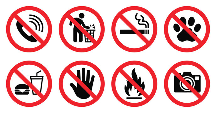 Prohibited icon with no cell phone, smoking, pets, photography, littering, food, drinks, and fire restriction symbols, outline vector illustration