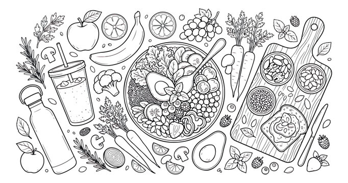 Hand drawn healthy food doodle vector, vegan salad bowl and fresh ingredients line art, organic vegetable and fruit coloring page illustration