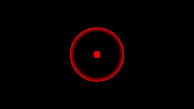 A glowing circle on a black background surrounds a red pulsing dot. This isolated looped animation has an alpha channel. on transparent background.