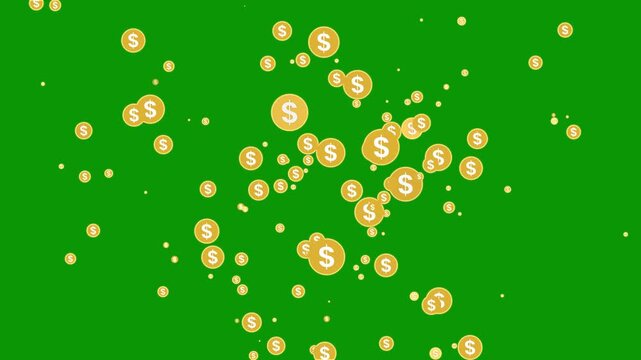 Abstract monetary cash explosion on green background, high quality finance asset for commercial corporate use, gold coin spinning animation for business and currency concept.4k loop animation