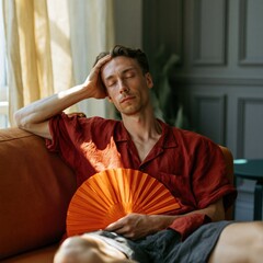 Fototapeta premium Man reclining on sofa with orange folding fan cooling himself in soft sunlight for summer lifestyle background and relaxation imagery
