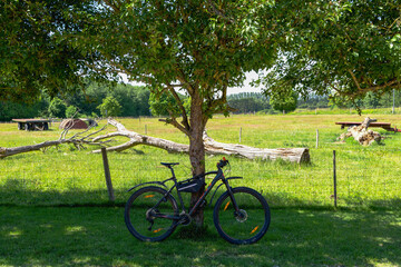 Obraz premium Bicycle resting in shade beside rural field