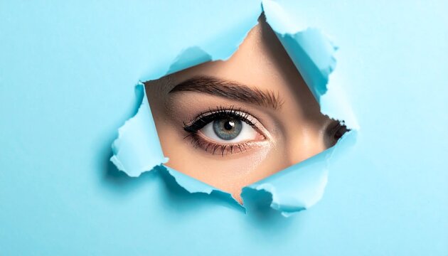 A woman's eye peeks through a torn blue paper revealing her gaze