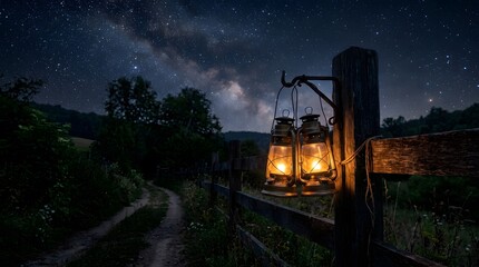 Obraz premium Rural night scene with lanterns and milky way