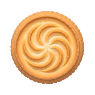 Round shortbread biscuit with swirl pattern on transparent background.