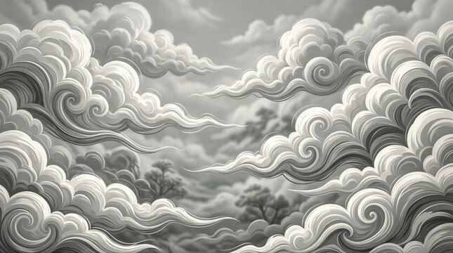 Clouds form various shapes and sizes in shades of grey and white. Trees appear faintly in the background. The sky looks dynamic and full of movement during daytime.