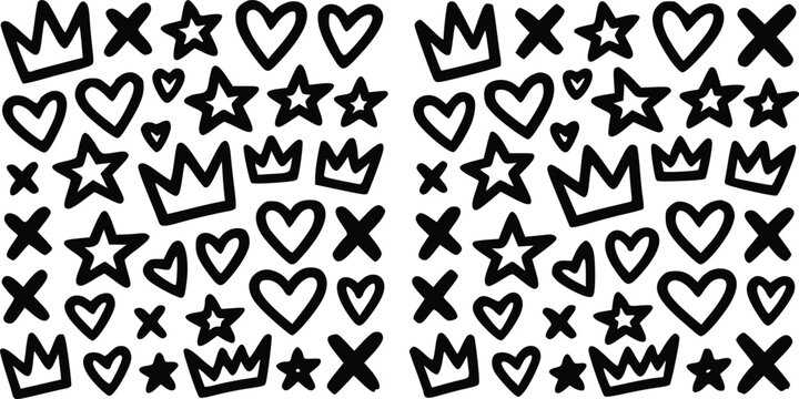 A black and white vector illustration featuring hand drawn doodle shapes including crowns, hearts, stars and crosses in repeat patterns.