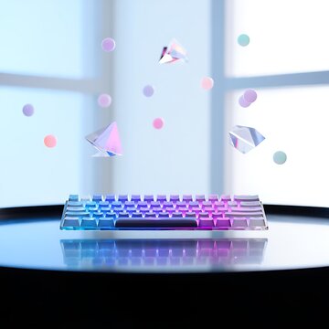 Colorful keyboard with purple and blue backlight on desk in front of window with floating crystals and balls
