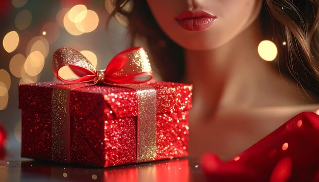A woman's face and chest with a red gift box on a table