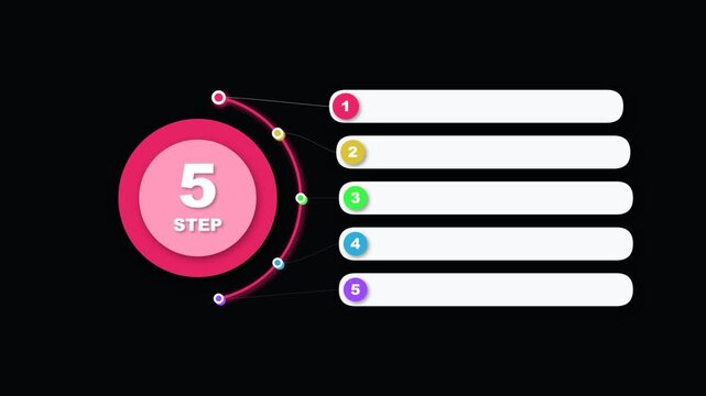 Five step infographic process flow with colorful circular bullet points