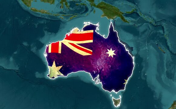 Australia map animation with national flag overlay and glowing border effect country geography