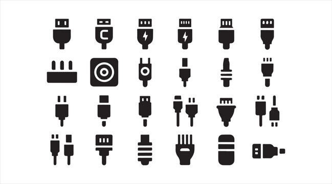 Minimal USB Power Connector Silhouette Symbol Pack Including Charging Plugs, Type C, Micro USB and Electrical Adapter Icons Isolated on White Background