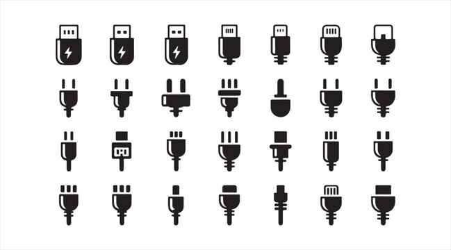 Black USB Charging Connector Icon Set with Power Plugs, Device Interfaces and Modern Electronic Connection Symbols