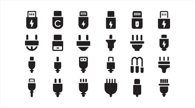 USB Power Plug and Connector Silhouette Icon Collection Featuring Type C, Micro USB, Charging Adapters and Electrical Interface Symbols