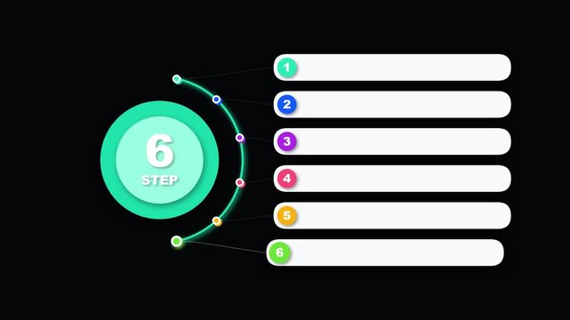 Six step infographic process diagram with colorful circular bullet points