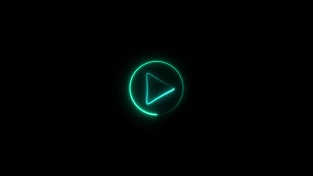 Video, audio neon play button icon glowing play button animation. Glowing neon play button animation, on black background