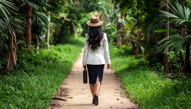 A woman walks down a serene dirt path surrounded by lush greenery