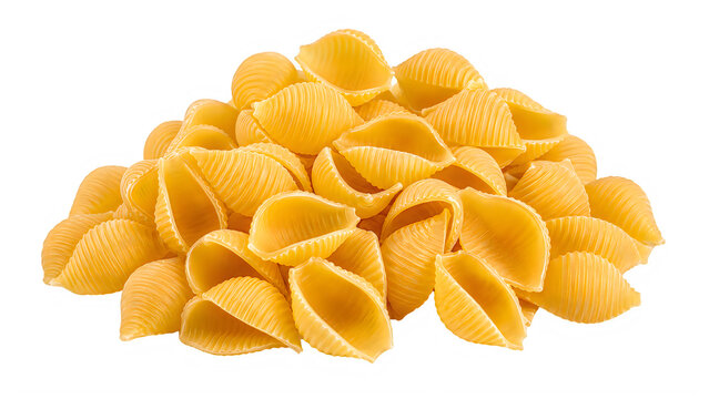 Conchiglie pasta shells, dry Italian durum wheat pasta pile, uncooked yellow semolina shell pasta for Mediterranean cooking isolated on White Background ai
