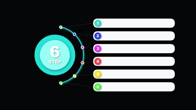 Six step infographic timeline with colorful circular bullet points for business data