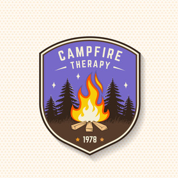 Campfire Therapy Vector Badge. Vintage Camping Campfire Outdoor Adventure Patch Illustration