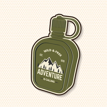 Adventure Flask Vector Badge. Vintage Camping Canteen Outdoor Sticker and Emblem Illustration