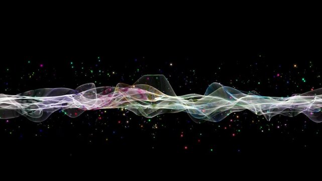 Futuristic video animation with wave object and glitter particles in slow motion, 4096x2304 loop 4K