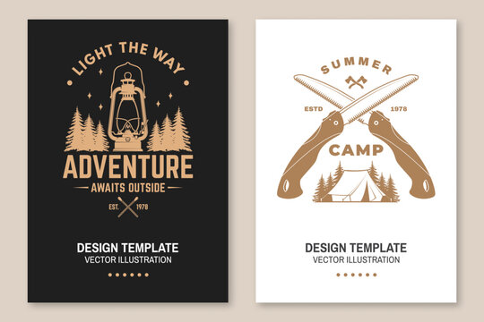Vintage Camping Poster Set. Outdoor Adventure Vector Illustration with Lantern and Camp Saw Design
