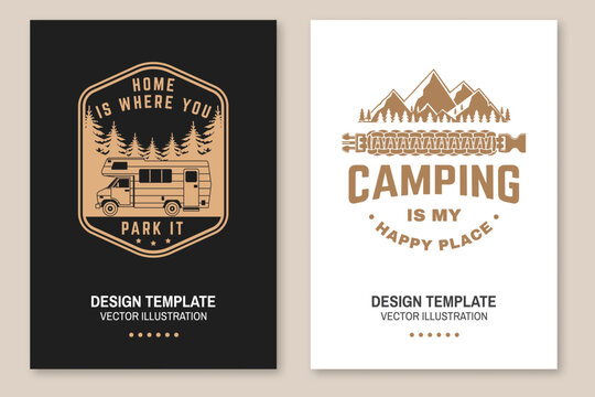 Outdoor Camping Poster Collection. Vintage Camper Van and Survival Vector Adventure Prints