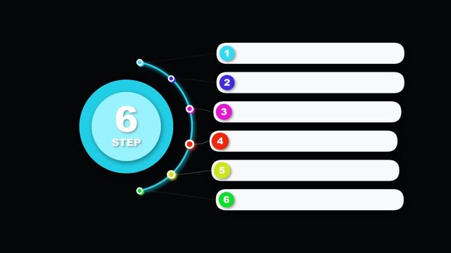 Six step infographic process diagram with colorful bullet points and text boxes