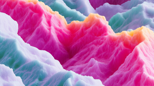 Abstract close up of textured colorful hills resembling pastel pink and turquoise candy mountains
