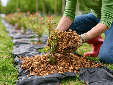 Gardener planting a green shrub into brown wood chips mulch over agrotextile. Mulching modern geotextile weed barrier fabric installation. Autumn garden maintenance on a backyard lawn grass background