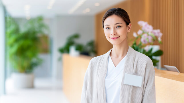 Pleasant young dark-haired female receptionist with blank nametag smiling kindly at camera in bright modern spa clinic lobby