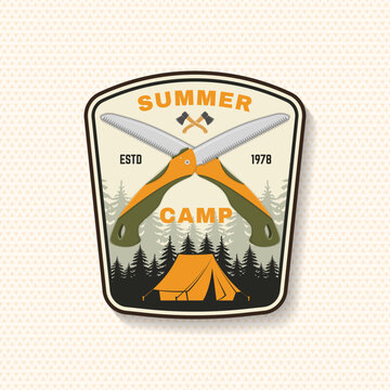 Vintage Summer Camp Sticker Vector Badge. Outdoor Adventure Camping Emblem with Folding Saw and Tent Illustration