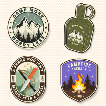 Vintage Outdoor Adventure Sticker Collection. Camping Vector Badge Set with Campfire, Flask, Ferro Rod and Mountain Designs