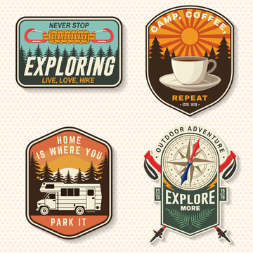 Colorful Vintage Camping Sticker Pack. Outdoor Adventure Vector Collection with Camper, Coffee, Compass and Exploring Badges