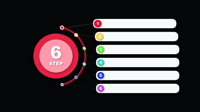 Six step infographic process diagram with colorful numbered bullet points