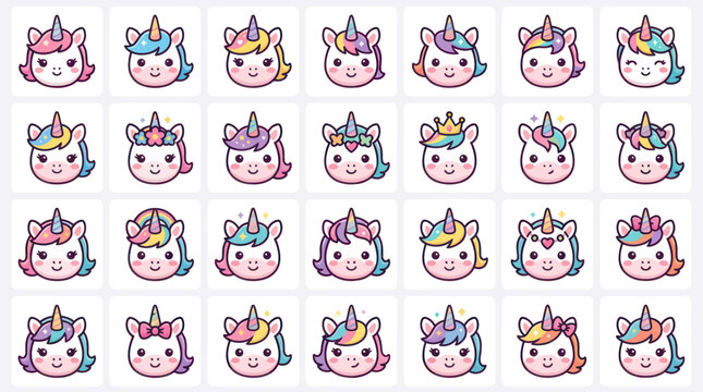 Collection of adorable unicorn faces