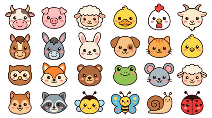 Fototapeta premium Collection of cute farm and forest animal faces
