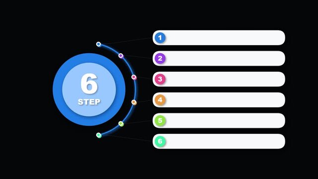 Six step infographic circle diagram with colorful bullet points and text boxes
