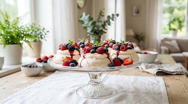 Mini Pavlova Desserts with Fresh Summer Berries on a Glass Stand