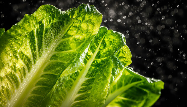 fresh romaine lettuce leaves with water droplets close up shot ideal for food blogs healthy eating themes or product packaging