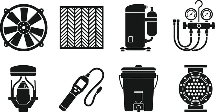 Professional HVAC Air Conditioning Equipment and Industrial Refrigeration Maintenance Tools Icon Set for Heating Ventilation Engineering Services and Repair Graphic Vector Elements