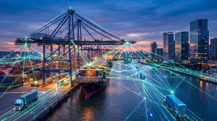 Obraz premium Smart harbor industrial cityscape with digital logistics network and cargo shipping at twilight