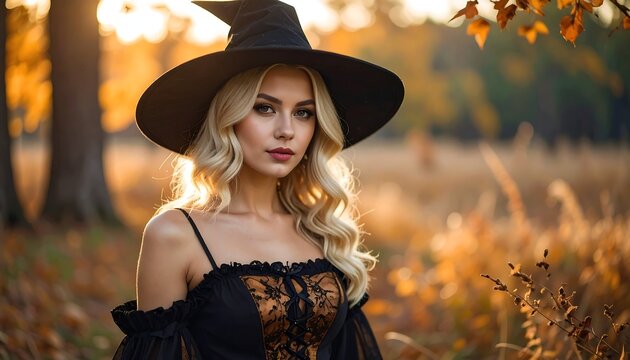 A woman with long blonde hair wearing a black hat and dress stands in an autumnal field