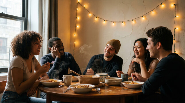 Diverse roommates sharing a meal in a small apartment