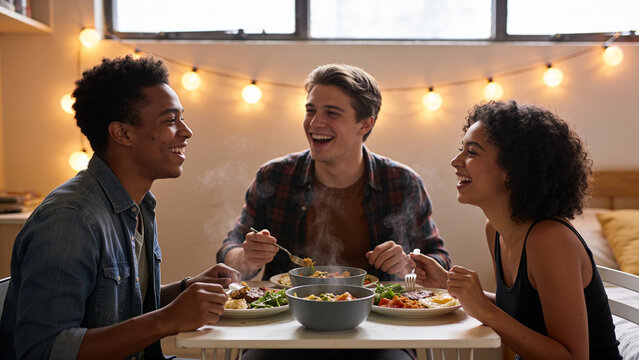 Diverse roommates sharing a meal in a small apartment