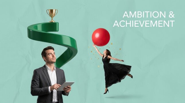 A professional businessman holding a tablet and a woman in a black dress reaching for a red sphere on transparent background