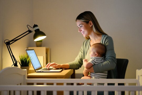 Young mother works on laptop computer holding newborn baby in home office. Female freelancer types on keyboard during night time task. Parent balances remote career, childcare duty. Woman smiles at